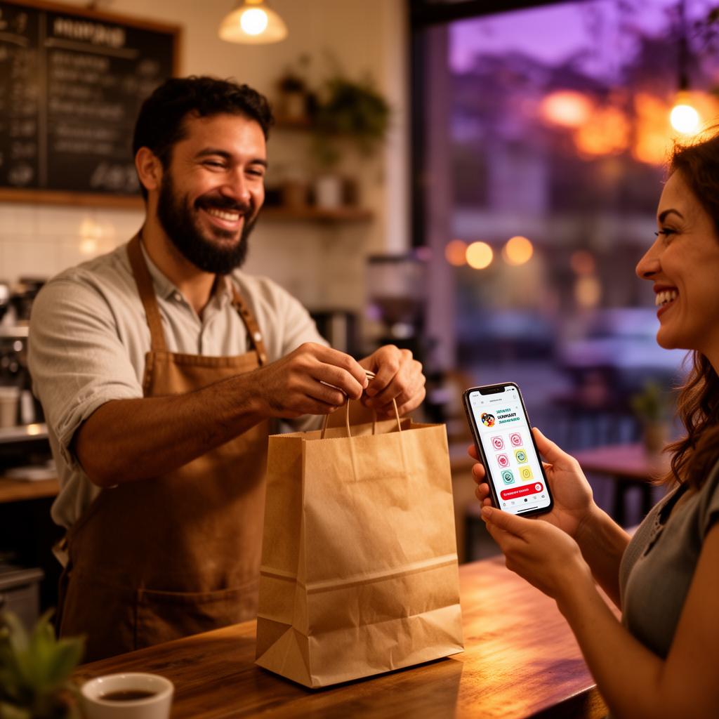 Comerciante entregando pedido a cliente que segura a cartela digital VoltaAqui